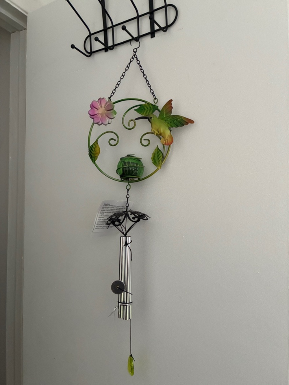NWT- Green Metal Hummingbird SOLAR Light Up Wind Chime- with Pink Flower